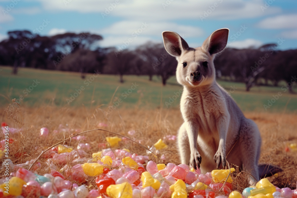 Aufkleber A graham cracker kangaroo with marshmallow pouch, hopping through a field of jellybean joey.