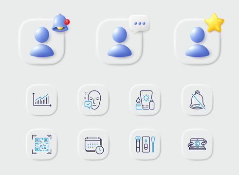 Covid test, Face accepted and Qr code line icons. Placeholder with 3d star, reminder bell, chat. Pack of Mute, Sunscreen, Graph icon. Copywriting notebook, Calendar pictogram. Vector