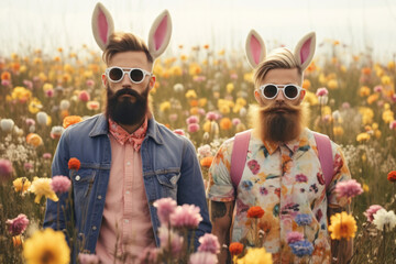 Funny hipster friends wearing Easter bunny ears and sunglasses in blossoming flower meadow. Two men in fancy clothes celebrating Easter outdoor. - obrazy, fototapety, plakaty