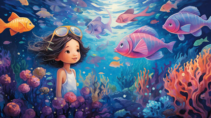 Obraz na płótnie Canvas Dive into the depths of imagination with an illustration of a vibrant underwater world filled with friendly fish, mermaids, and colorful coral reefs.