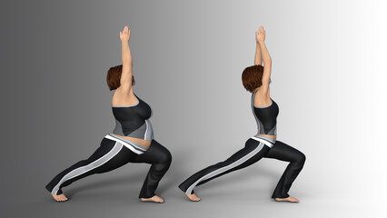 Obraz premium Conceptual fat overweight obese female vs slim fit healthy body after weight loss or diet with muscles thin young woman isolated. A 3D illustration metaphor for fitness, nutrition or fatness obesity