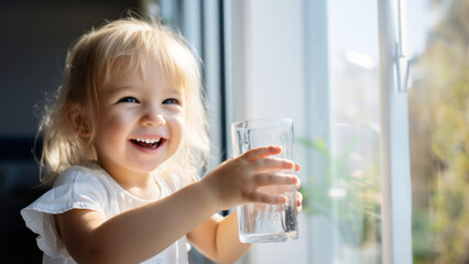 Pretty little child drinking fresh water on sunny summer day at home. Cute preschool kid holding glass of pure mineral water. Healthy lifestyle for kids.