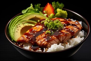 Teriyaki saba fish with avocado rice bowl