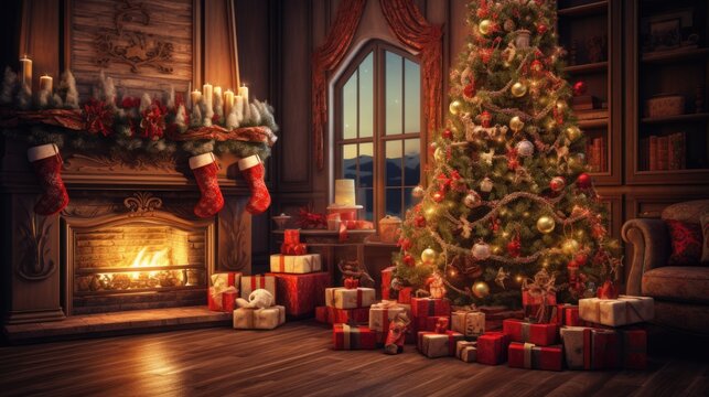 The interior of an old room with a fireplace and a Christmas tree