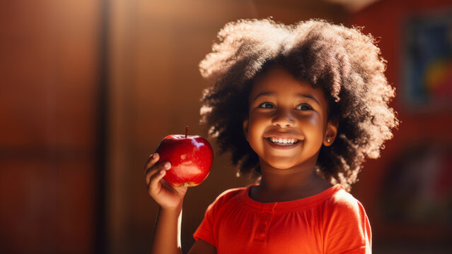 Cute toddler boy eating an apple in apple tree orchard in summer day. Child picking fruits in a garden. Fresh healthy food for kids. Family nutrition in summer.