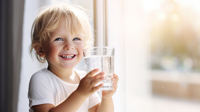 Pretty little child drinking fresh water on sunny summer day at home. Cute preschool kid holding glass of pure mineral water. Healthy lifestyle for kids.