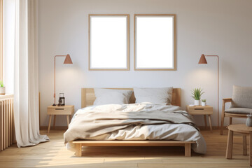 Fototapeta na wymiar Bedroom in a white apartment with natural wood furniture and a painting, scandi-boho style