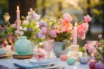 Obraz na płótnie Canvas Beautifully decorated Easter dinner table with colorful flowers, pastel dyed eggs and candles. Outdoor Easter celebration party for large number of guests.