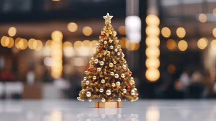 Christmas tree in front of a blurry shopping mall with people
