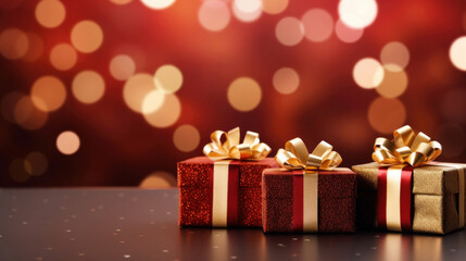 Golden gift presents on a light dark red background with colorful bokeh and stars glittering