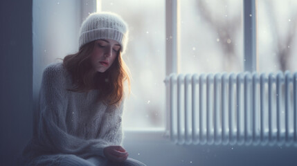 Frozen sad girl wearing a hat, scarf and sweater in her home next to a cold radiator