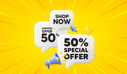 50 percent discount offer tag. 3d offer chat speech bubbles. Sale price promo sign. Special offer symbol. Discount speech bubble 3d message. Talk box megaphone banner. Vector - obrazy, fototapety, plakaty