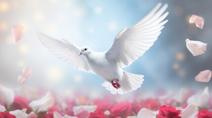 Obraz premium Flying white dove with pink petals.