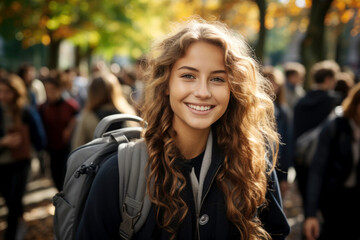 Fototapeta premium A student girl with a backpack in an autumn park