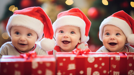 Happy kids in Santa hats in kindergarten