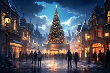 Christmas Trees Vibrant Future City Square - obrazy, fototapety, plakaty