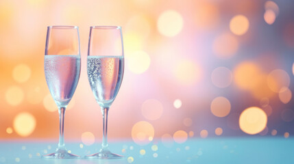 A two glass of sparkling wine on a soft pastel colorful bokeh background