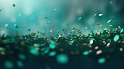Abstract background with confetti on green ribbons on bokeh backdrop