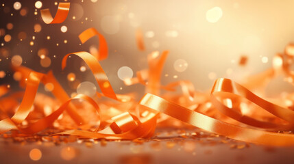 Abstract background with confetti on orange ribbons on golden light backdrop