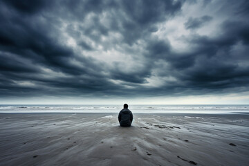 Lonely Man on a Beach, Gazing at the Sea, Capturing the Profound Depths of Isolation. Ai generated