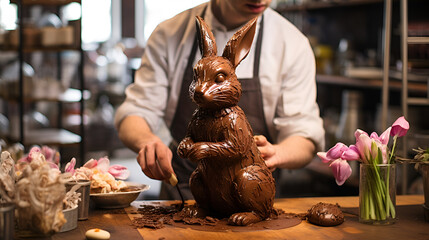 chocolatier making a chocolate easter bunny