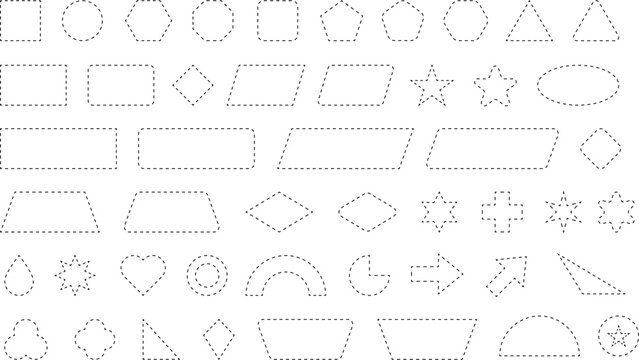 Dash line shapes. Dashed outline design of border for basic geometric shapes. Icon of cut frame. Vector illustration