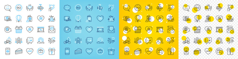 Vector icons set of Fishing reel, Puzzle and Puzzle options line icons pack for web with Air balloon, Bike attention, Yummy smile outline icon. Online shopping, Smartphone buying. Vector