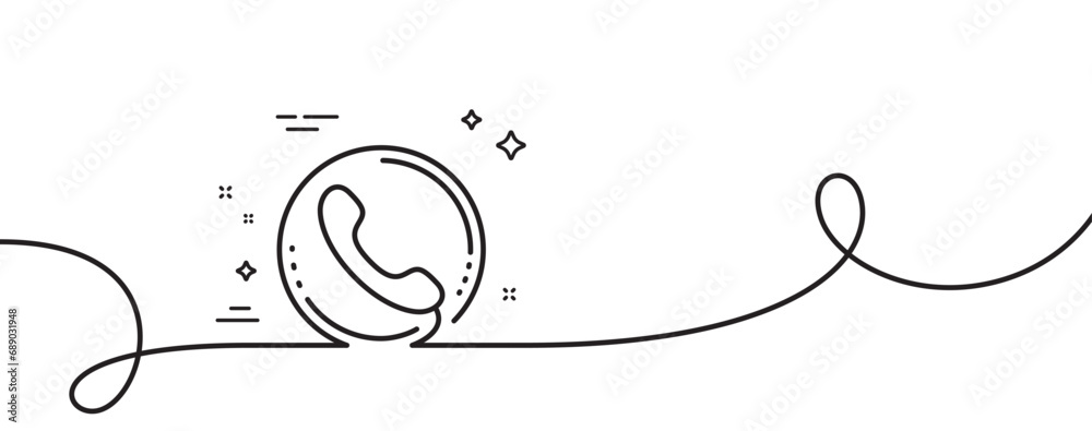Poster call center service line icon. continuous one line with curl. phone support sign. feedback symbol. c