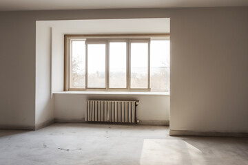 home repairs. empty white room with a large window and a radiator, light from the window. interior design concept