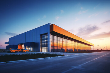 Obraz premium Modern Logistic Warehouse Facility Structure at Sunrise, Infused with a Harmonious Blend of Blue and Orange Hues. Ai generated