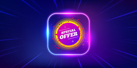 Special offer sticker. Neon light frame offer banner. Discount banner shape. Sale coupon bubble icon. Special offer promo event flyer, poster. Sunburst neon coupon. Flash special deal. Vector