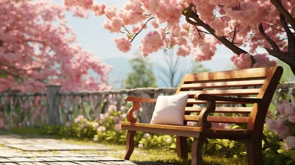 A quaint wooden bench nestled under the boughs of a blossoming cherry tree, an idyllic spot to enjoy a spring afternoon.