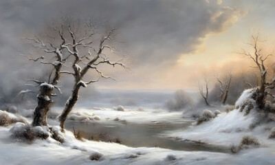winter landscape scene, old painting style