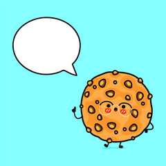 Oatmeal cookies with speech bubble. Vector hand drawn cartoon kawaii character illustration icon. Isolated on blue background. Oatmeal cookies character concept