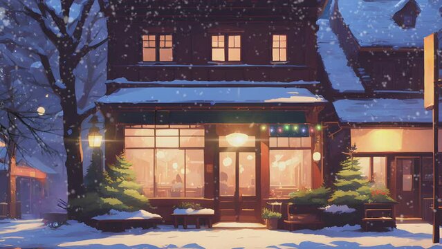 Store or restaurant in the town with trees in snowy winter night. Cartoon or Japanese anime painting style. seamless looping 4K virtual video animation background.