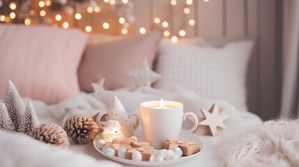cozy room decorated for valentine's day party with cup of coffee and cookies generated by AI tool