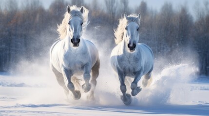 two white horses galloping through the snow in winter - obrazy, fototapety, plakaty