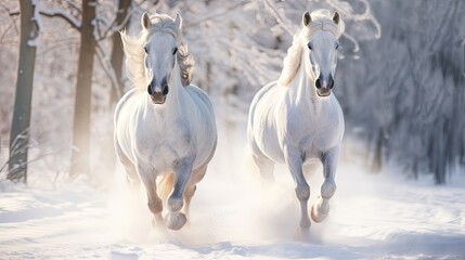 two white horses galloping through the snow in winter