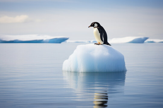 Illustration symbolizing the impact of global warming, featuring a stranded penguin on a melting ice piece. Ai generated