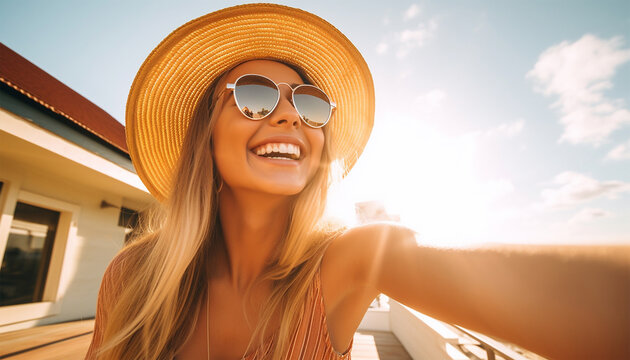 Cute, positive teenager holding a camera,her mobile phone looking straight taking a selfie. Beautiful girl sincerely smiling  summer sunlight sky. Social media,smartphone,tiktok video 