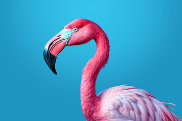 Pink Flamingo's Graceful Detail Against a Tranquil Blue Background. Ai generated