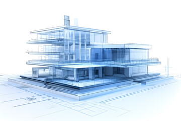 Blueprint building, 3d perspective, scan line, technology.
