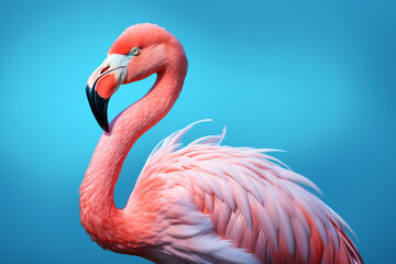 Obraz premium Pink Flamingo's Graceful Detail Against a Tranquil Blue Background. Ai generated