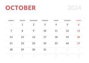 Monthly page Calendar Planner Templates of October 2024. Vector layout of simple calendar with week start Monday for print. Page for size A4 or 21x29.7 cm