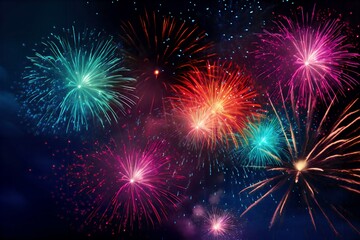 Fototapeta premium A dazzling view of colorful fireworks bursts across the night sky, fireworks in the night sky, fireworks in the sky, fireworks in the night, happy new year fireworks, happy new year, new year, night