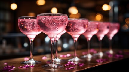 A group of stylish pink girlish cocktails in glasses with high stems at the bar counter. Generative AI