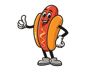 Hot dog smile Cartoon mascot illustration character vector with thumbs up