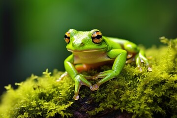 Green tree frog sitting on moss in the rainforest. Wildlife scene from nature.