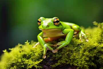 Obraz premium Green tree frog sitting on moss in the rainforest. Wildlife scene from nature.