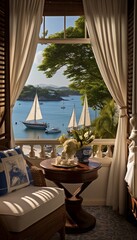 Fototapeta na wymiar A breathtaking view from Coastal Serenity Suite's bedroom, overlooking a picturesque bay with sailboats peacefully gliding across the tranquil waters.